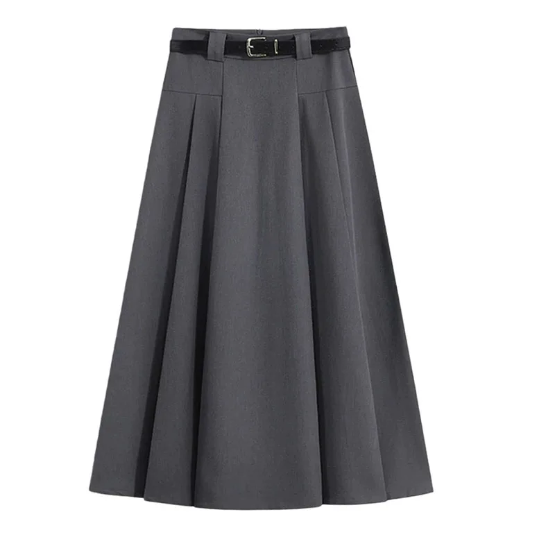 Autumn Winter Black Gray Suit Skirts Women New High Waist Slimming Long Skirt for Woman Elegant Temperament Simple Pleated Skirt