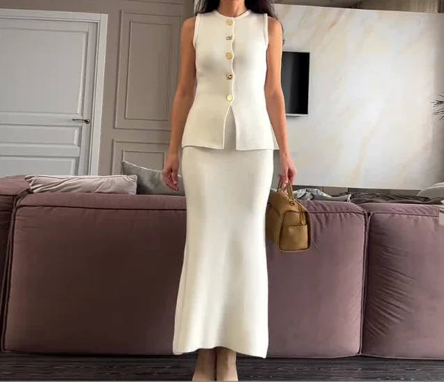 

Summer Elegant Commuter 2-Piece Fashion Slimming Solid Color Vest Top High Waist Slimming Bag Hip Skirt Set Women's Wear