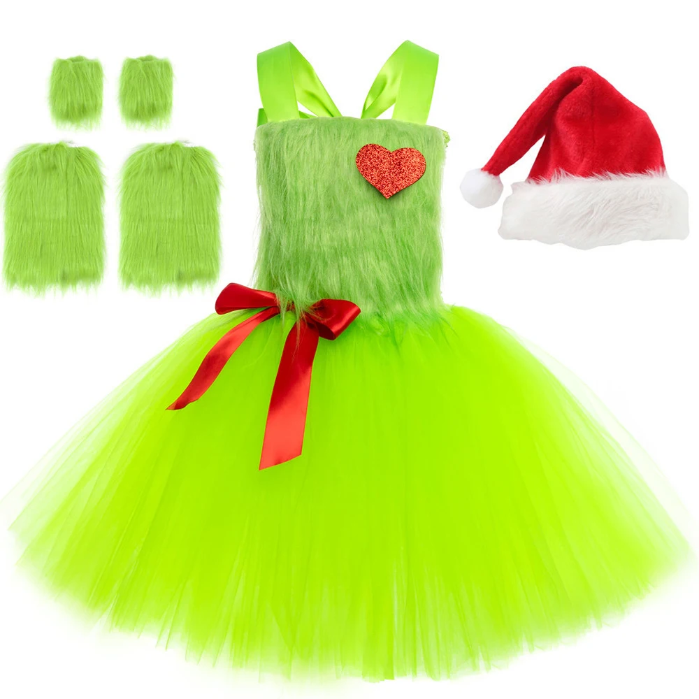 Green Santa Claus Grinch Costumes Girls Christmas Lined Tutu Dress for Kids Xmas Holiday Ballet Tutus Children Carnival Outfits