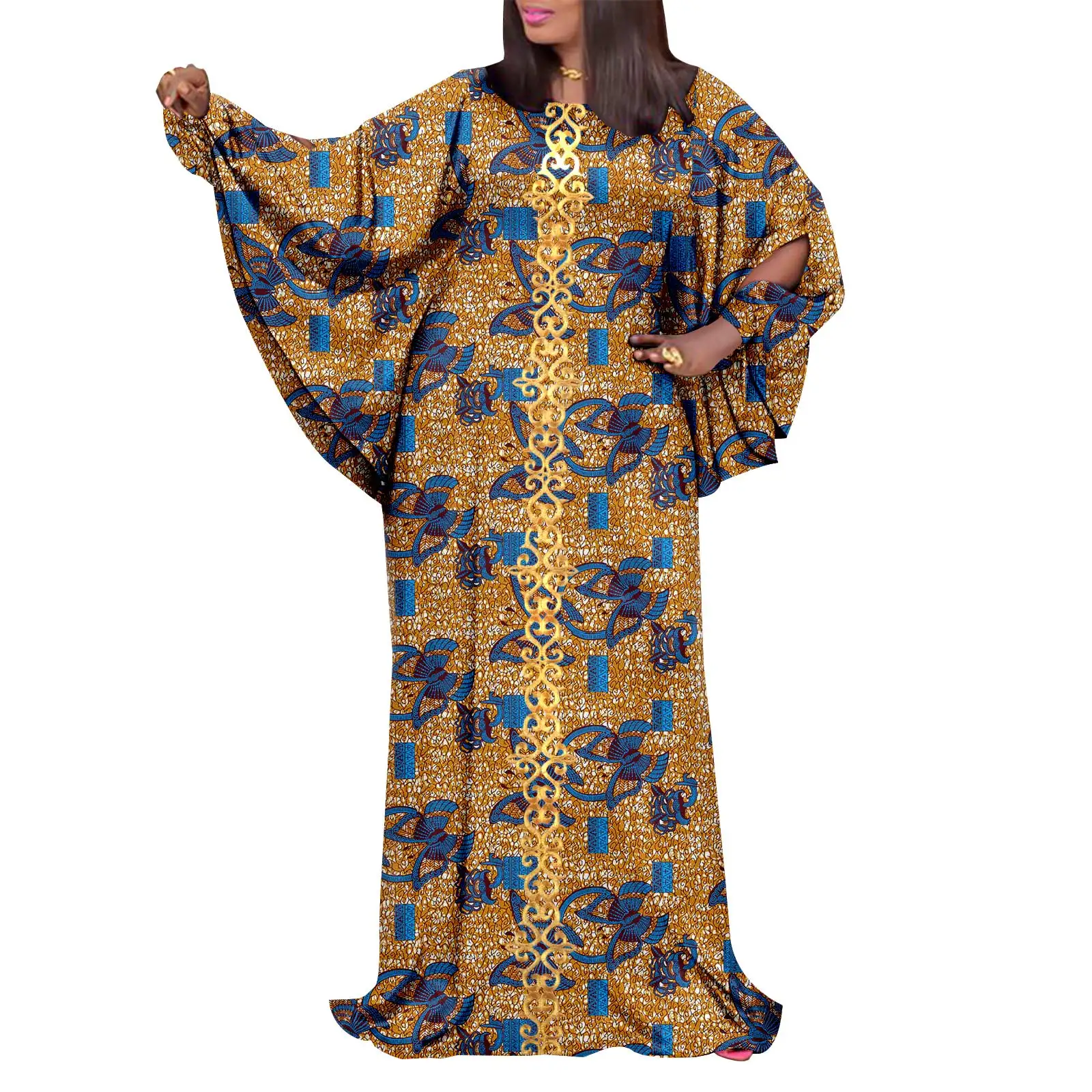 African Women\'s Printed Fabric Gown, Casual Floor Length Dress, Embroidered Patch, Long Sleeve, Plus Size, A2225152