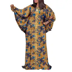 African Women's Printed Fabric Gown, Casual Floor Length Dress, Embroidered Patch, Long Sleeve, Plus Size, A2225152