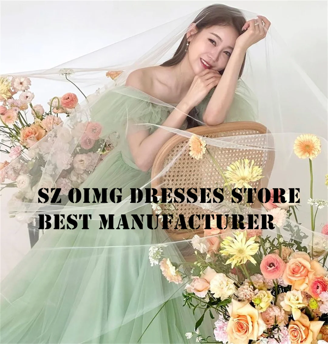 OIMG Korea A-Line Green Prom Maxi Dresses Ruched A-Line Ruffles Off Shoulder Tulle Pleated Evening Gowns Formal Party Dress