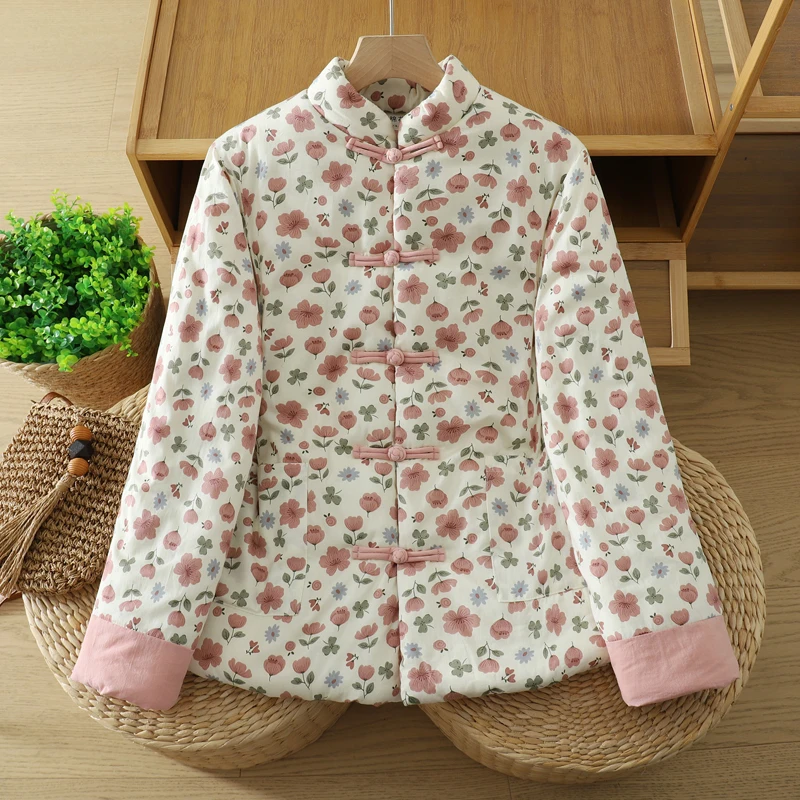 Nuevo Jaet de algodón Floral chino Sle, abrigo de invierno suelto para mujer, ropa de abrigo acolchada de algodón pequeño de algodón interior cálida