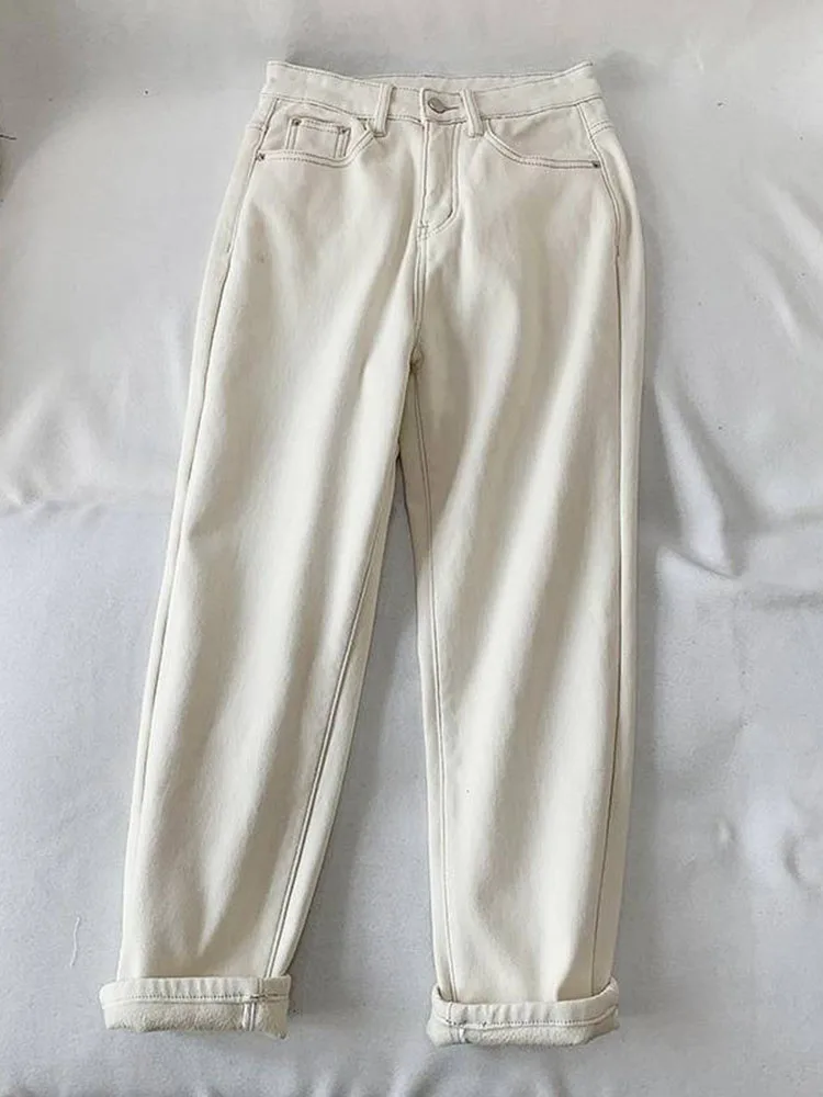 Vintage High Waisted Thick Denim Pants Women's Casual Streetwear Ankle-length Jeans Plush Straight Retro Fashion Harem Vaqueros
