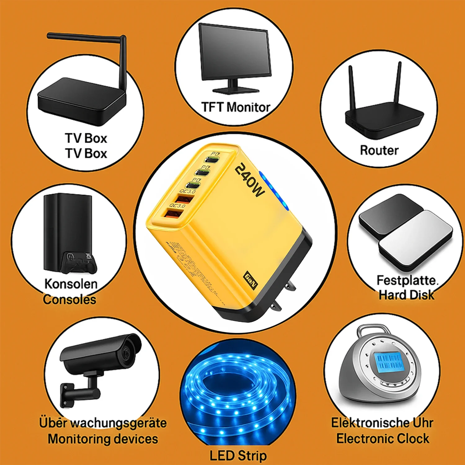 GaN 5-in-1-USB-C-Ladegerät, 240 W, Schnellladeadapter, 10 A USB-zu-Typ-C-Kabel, 3PD + 2 USB, QC 3.0-Ladegerät für iPhone 16 Samsung Xiaomi