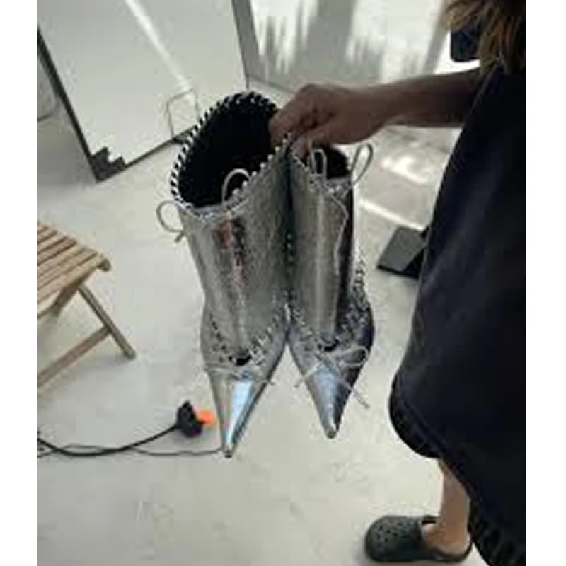 

Black Pointed Toe Lace-Up Cat Heel Straight Ankle Boots Woman Winter 2025 Slip-On Sleeve High-Heeled Boots Fashion Shoes