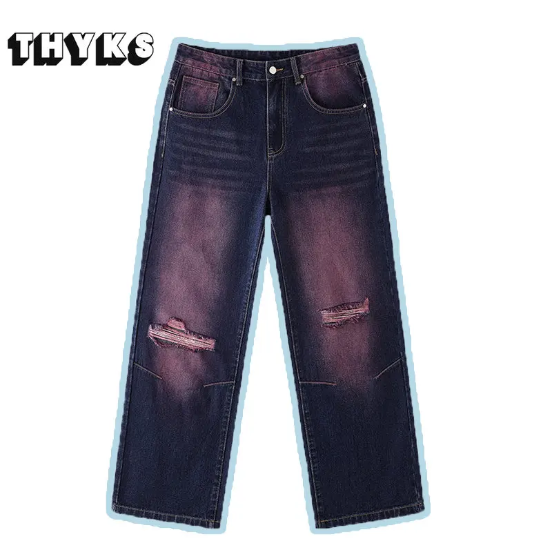 2023 American Style Gradient Monkey Wash Pants Men High Street Hip-Hop Causal Jeans Straight Ripped Pants Spring and Summer