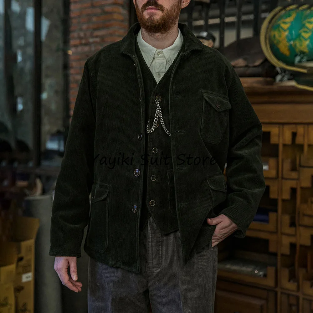 

Мужская куртка с несколькими карманами, повседневный пиджак, повседневная мужская одежда, однобортный костюм с лацканами, винтажная мужская куртка из вельветовой ткани