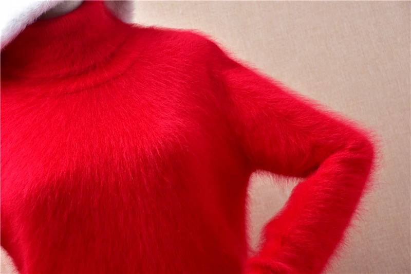 Ladies Women Fall Winter Red Hairy Mink Cashmere Knitted Turtleneck Long Sleeves Slim Blouses Underwear Sweater Jumper Pull Tops
