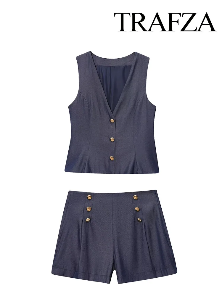 

TRAFZA 2025 Women Fashion Casual Set V-Neck Sleeveless Single-Breasted Tops+High Waist Pockets Zipper Shorts Female Linen Suit