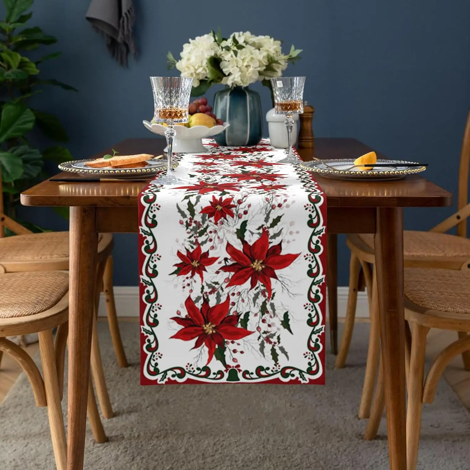 Christmas Poinsettia Flower Berry Linen Table Runner Dresser Scarves Winter Xmas Kitchen Table Runner Navidad Decorations 2025