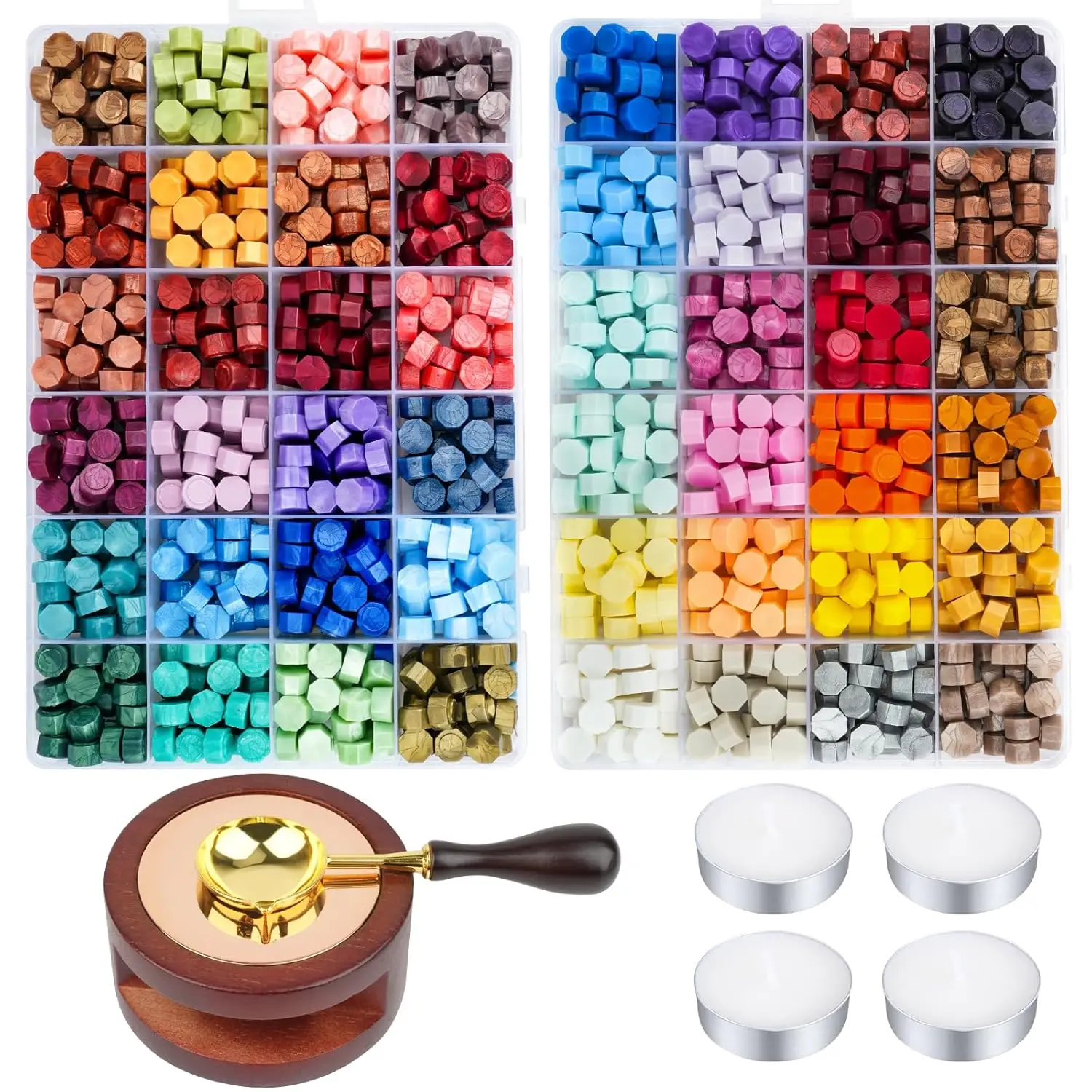Metallic Assorted Color Wax Seal Beads Kit with Retail Box, 48 Colors Sealing Beads, Sealing Wax Warmer and Spoon, 4 Candles