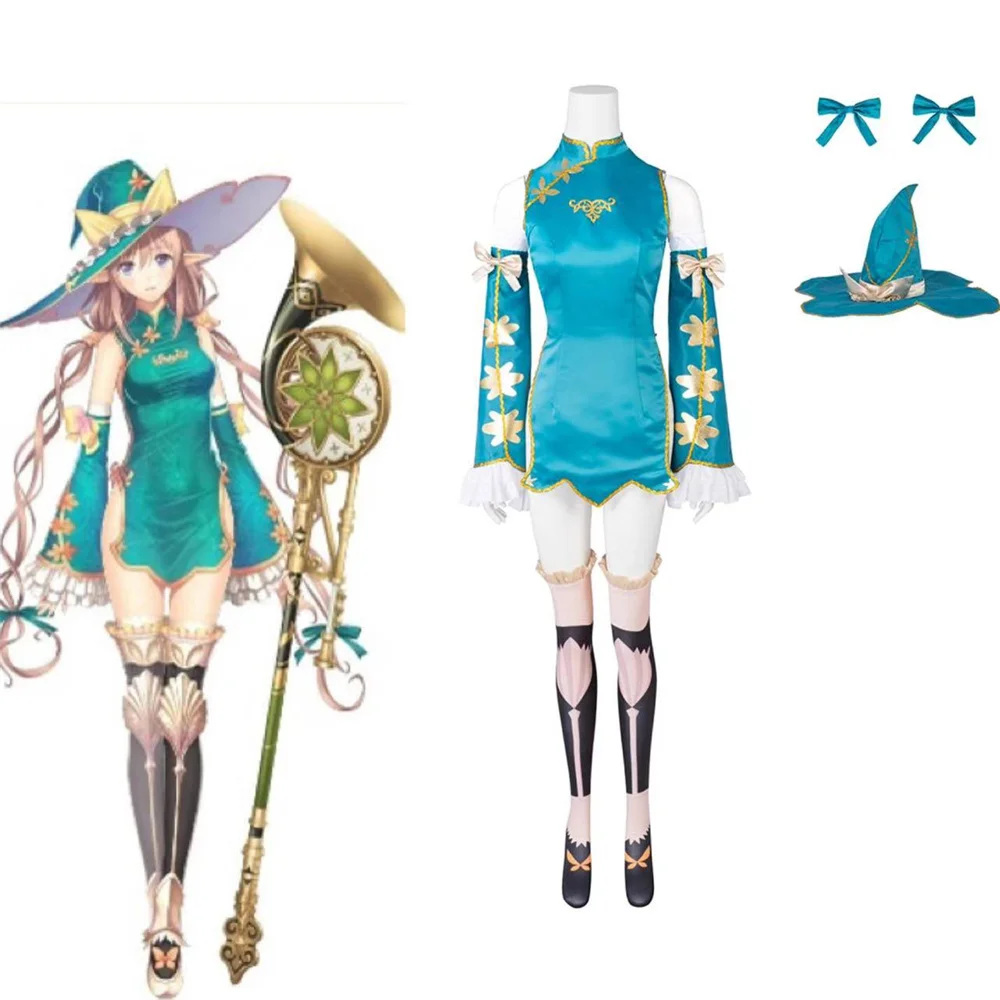 

Game Shining Resonance Rinna Mayfield Cosplay Costume Blue Dress With Hat Stocks Full Set Halloween Carnival Outfits