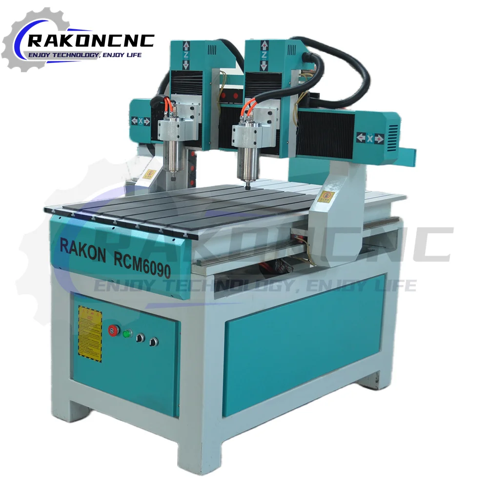 Jinan Rakoncnc 6090 1212 Three Axis 2 Heads CNC Wood Carving Machine With 1.5kw Water Cooling Spindle