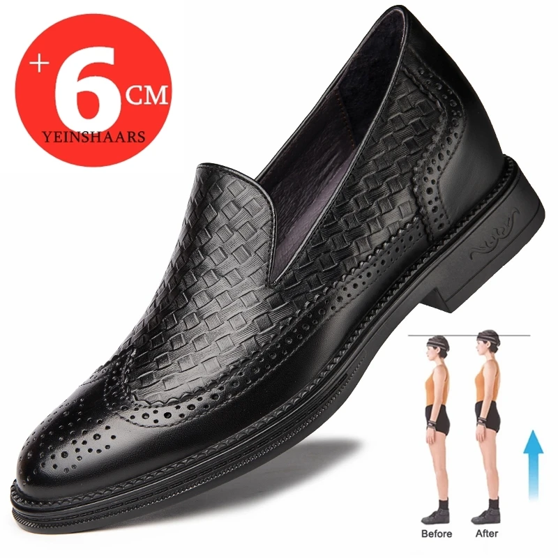 

Spring Summer Men Flat / 6cm Formal Elevator Loafers Black Soft Genuine Leather Height Increase Casual Men Dress Brogues Taller