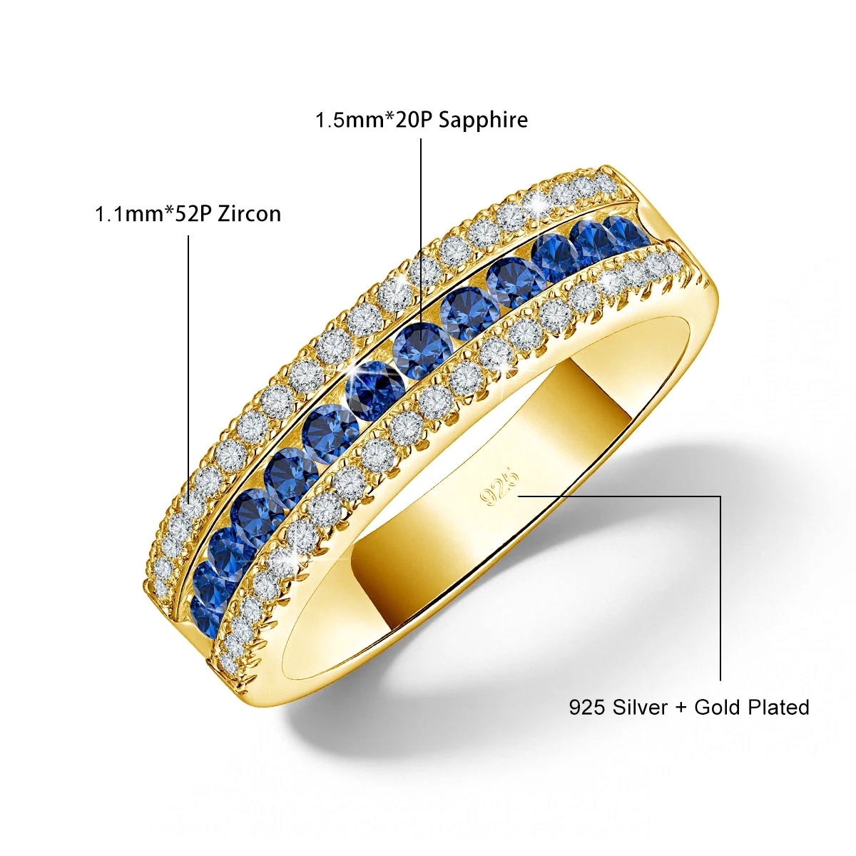 925 Silber Mehrschichtige Stapelringe für Damen, Herren und Paare, Verlobungsschmuck, Wasserfester Fingerring mit Blauem Korund – Detail 1