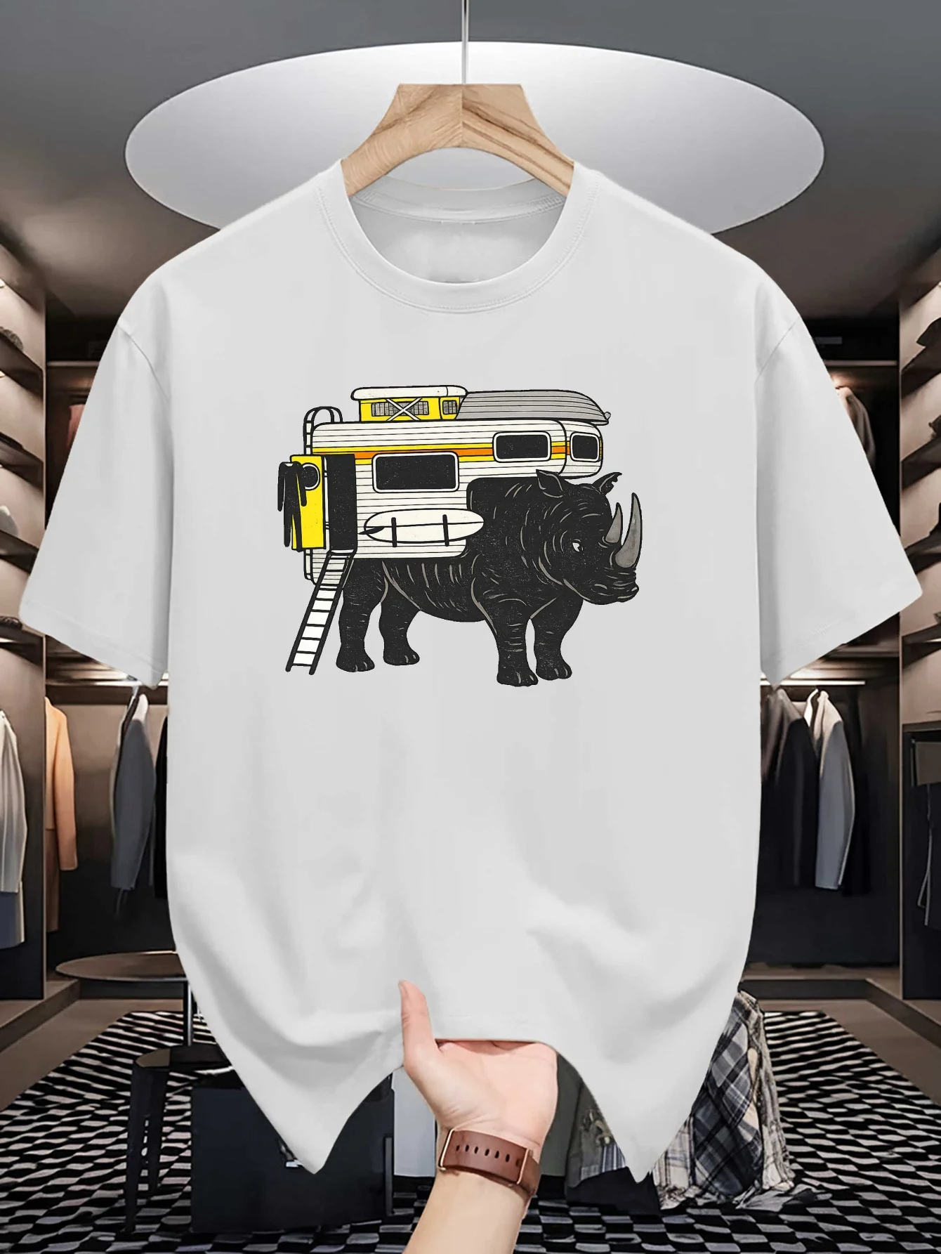 Adventure Rhino Camper Van Cartoon Print Mens Crew Neck T Shirt Wildlife Outdoor Graphic Short Sleeve Casual Cotton Summer Tees