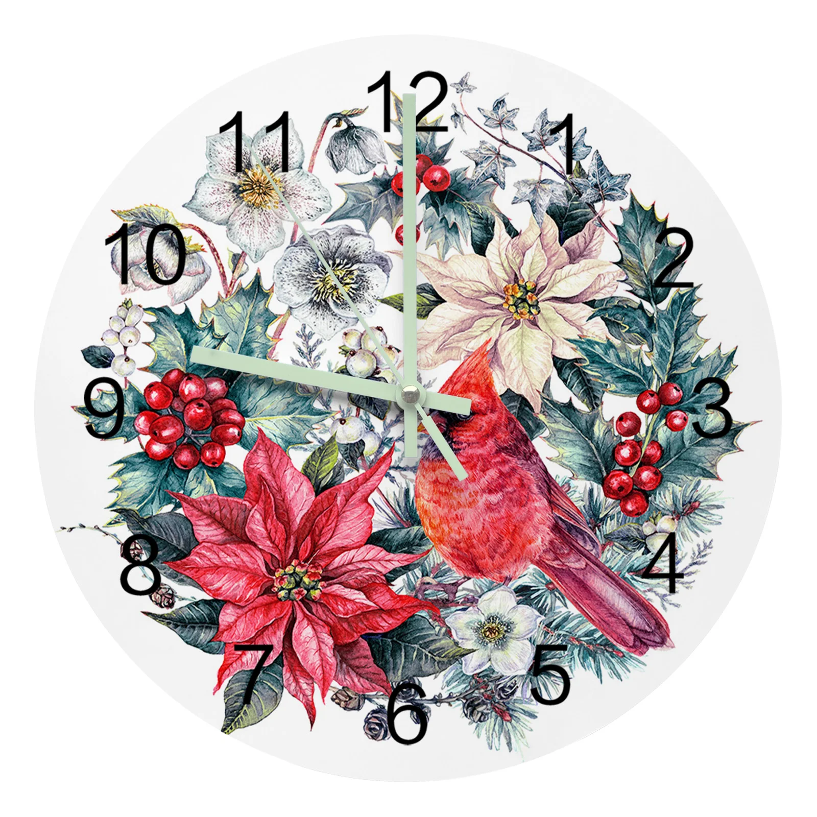 Christmas Poinsettia Robin Large Round Luminous Needles Clock Wall Decor Room Hanging Ornaments Decoration Silent Wall Clock