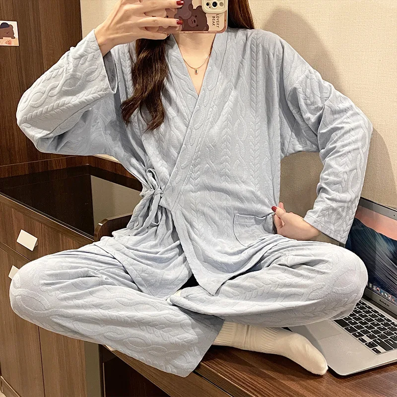 

Womens Loose Kimono Pajamas Set 100% Cotton Female Pyjamas Woman Pijamas Spring Autumn Long Sleeve Sleepwear Homewear Loungewear