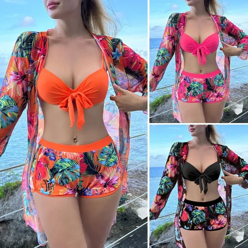 Sexy Women Swimwear Sports Beach Wear Three Piece Bathing Suit Pool  Female Swimming Tropical Rain Forest Print Swimsuits Set