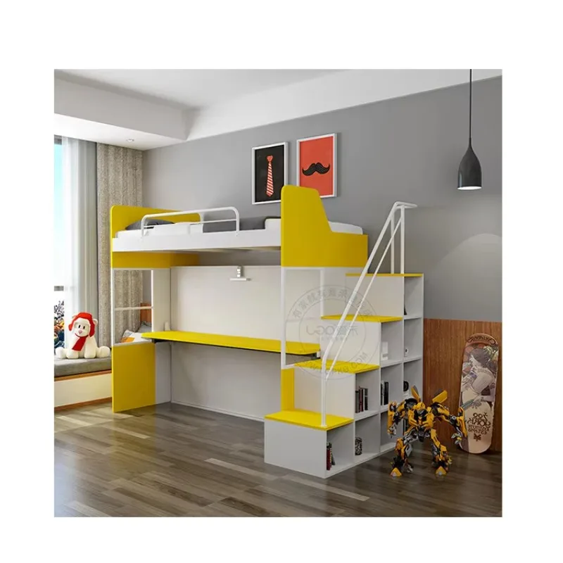 

Cheap Bedroom Furniture Set Kids Bunk Beds With Lower Horizontal Folding Bed and Hanging Bookshelf
