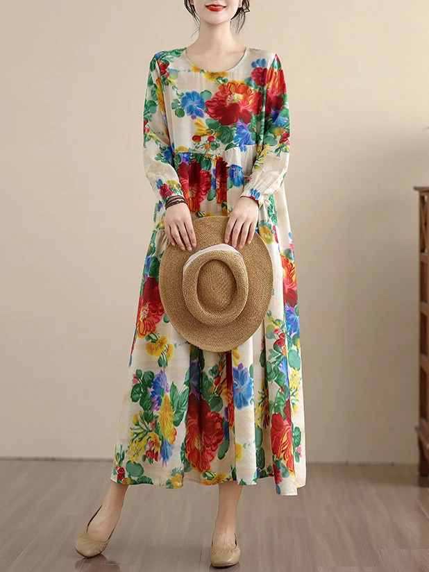 فستان فضفاض بأكمام طويلة من الكتان والقطن بطباعة فنية، تصميم على شكل حرف A، أسلوب عملي للربيع والخريف، فستان كاجوال