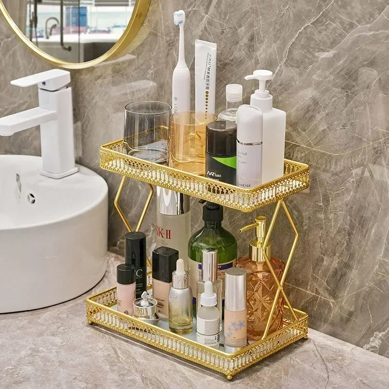 Iron Frame+Glass Plate Desktop Double-layer Storage Rack Washbasin Toiletries Shelf Jewelry Organizer Make Up Storage Holder