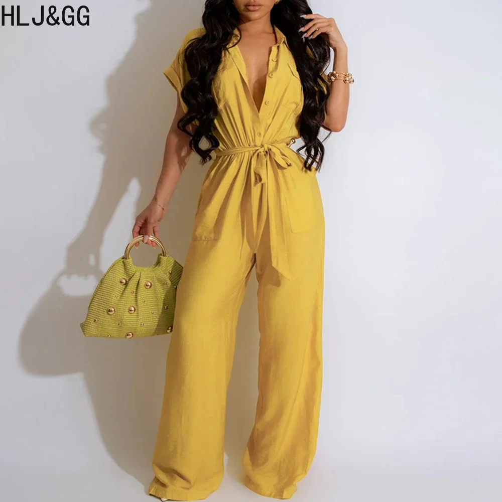 

HLJ&GG Elegant Lady Solid Color Drawstring Wide Leg Pants Jumpsuits Women Turndown Collar Button Short Sleeve Straight Playsuits