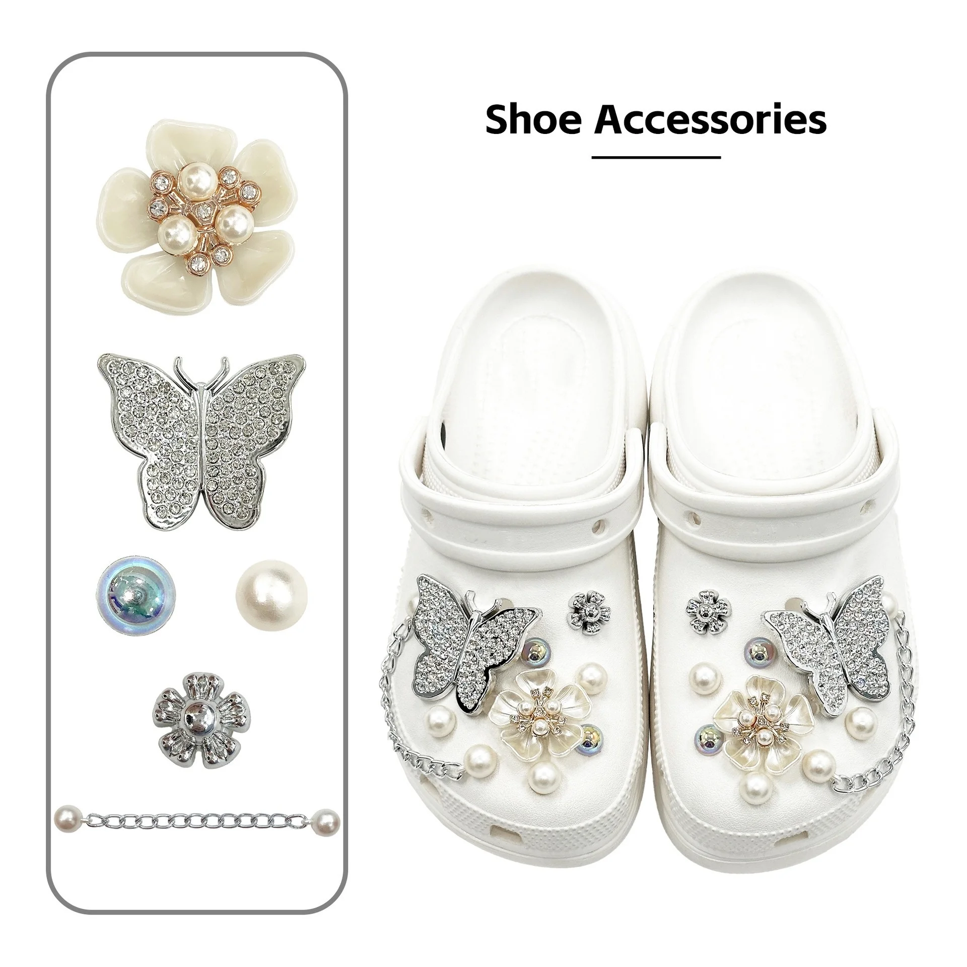 3D Butterfly Pearl Shoe Flower Accessory Set with Chain High-End Feel Hole Shoe Charms Buckle Elegant Shoe Decorations 1 Set