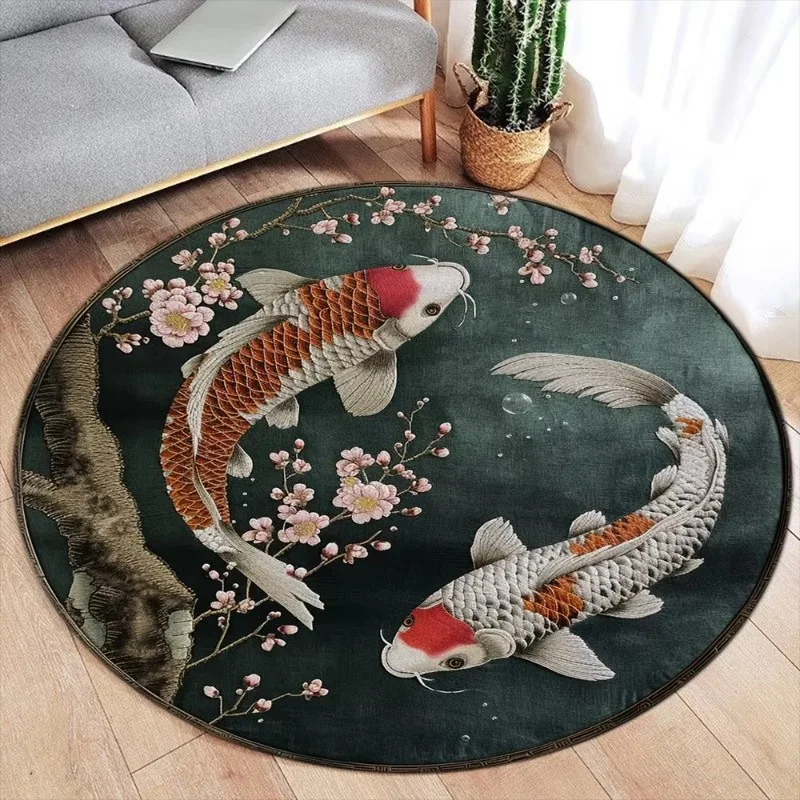 Chinese Lotus Flower Koi Cherry Blossom Graceful Crane Living Room Round Carpet Bedroom Carpet Home Floor Mat Leisure Carpet