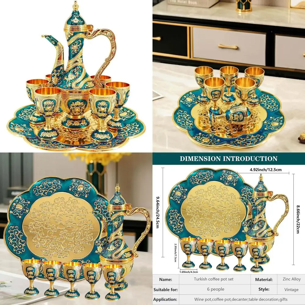 

Золотой и синий винтажный турецкий сервиз для кофе и чая с горшком, чашкой и подносом для декоративного винного шкафа и свадебных акцентов