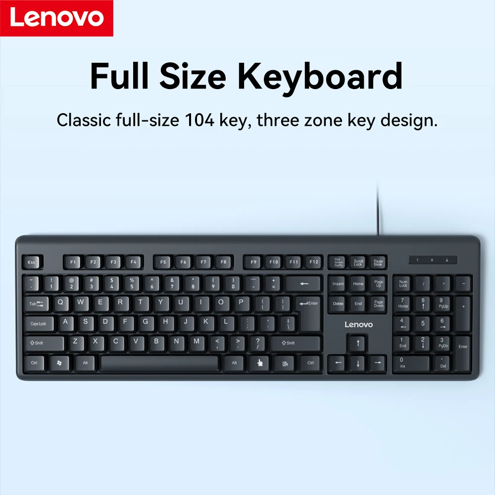 Lenovo USB Wired Keyboard 104 Keys Full Size Spill Proof Ergonomic Silent Office Keyboard for Windows PC Laptop