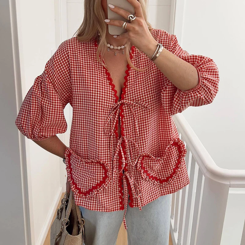 Sweet Street Female Plaid Print Blouse Temperament 2024 Love Pockets Slim Blusa Tops Women New Contract Color Lace-up Cardigan