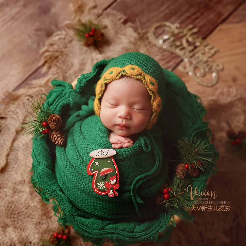 Baby Photography Props Christmas Collection Green Knitted Wrap Cloth+hat Xmas Decor Props Ideal for Infant Festival Photo Shoots