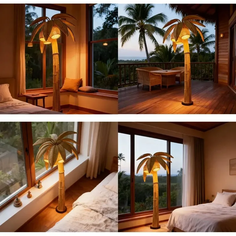 Custom Handmade Rattan Floor Lamp Coconut Tree Design for Living Room Bedroom Villa Courtyard Hotel Vacation Decoration