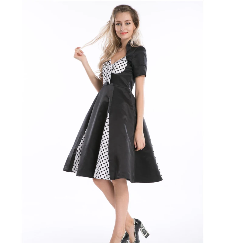 Plus Größe S-5XL Vintage Plissee Tupfen Rockabilly Retro Ausgestelltes Kleid Pin Up Schaukel 50s 40s Retro Kleid