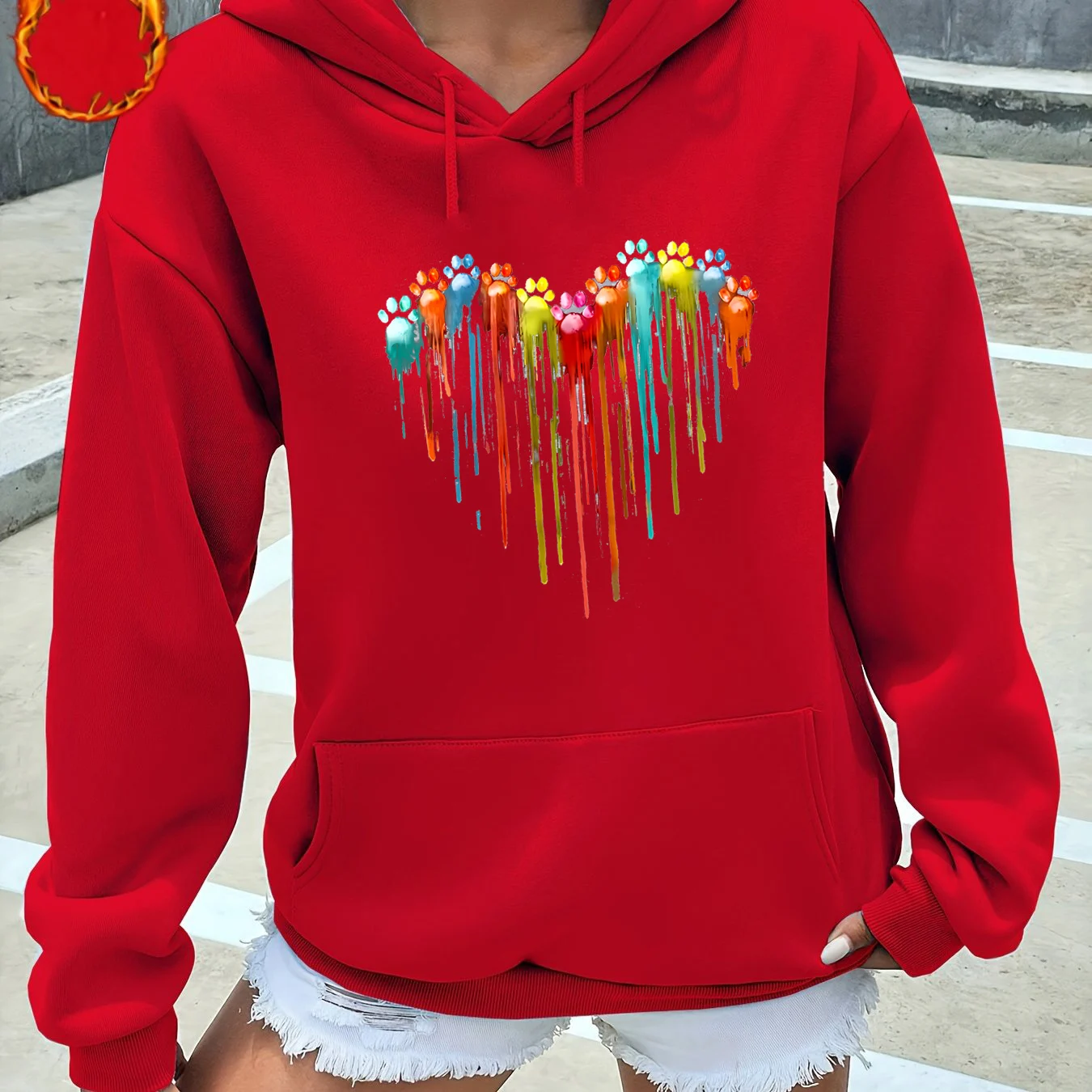 Women's autumn and winter warm and loose casual heart-shaped printed velvet long sleeved hooded sweatshirt