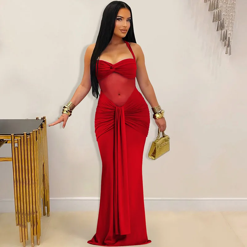 Sexy Halter Strapless Bodycon Maxi Dress Woman Elegant Sheer Mesh Patchwork Draped Ruched Midnight Club Party Evening Dresses