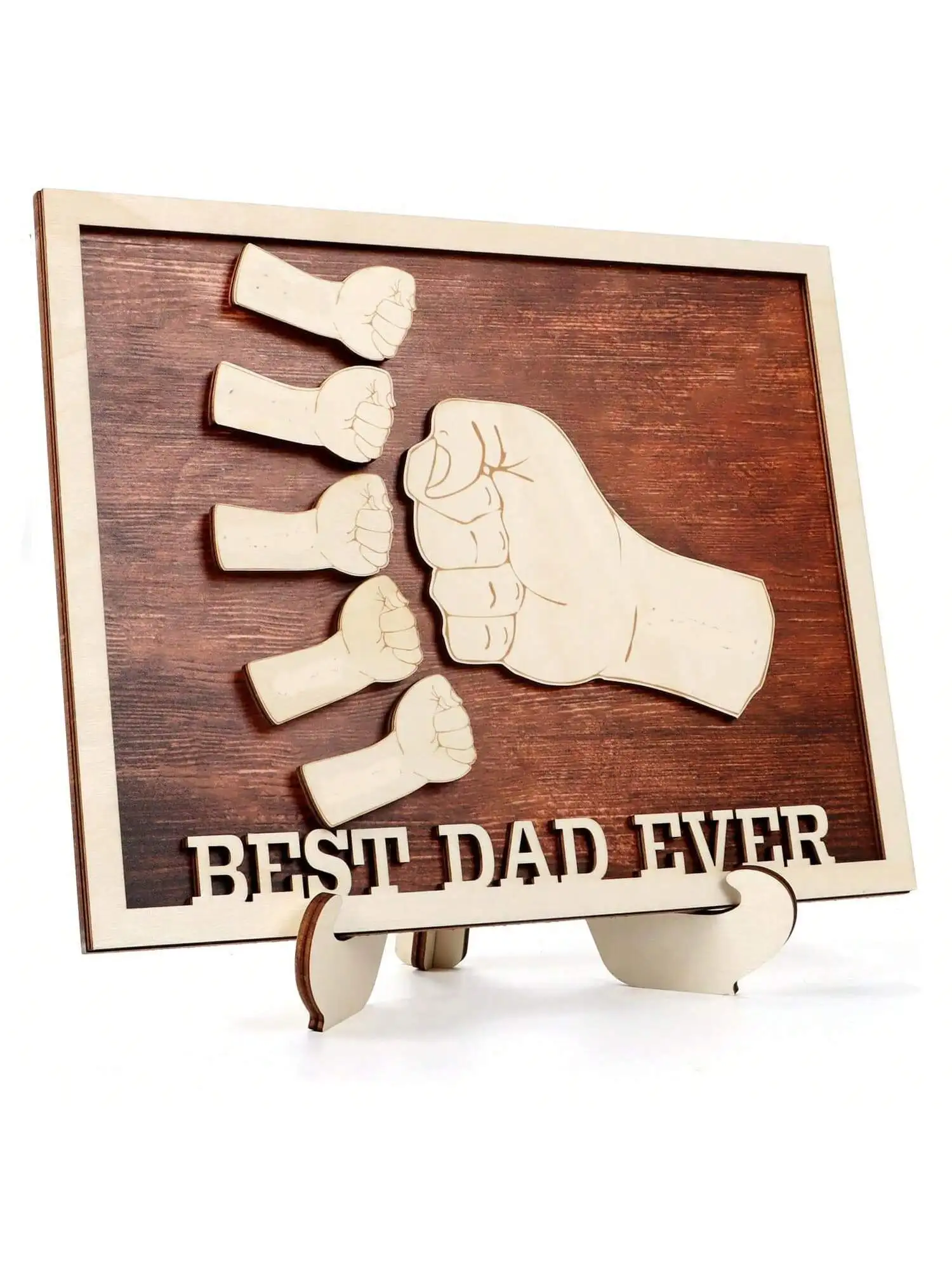 Деревянная табличка «Лучший папа на свете» ко Дню отца (11,4''x9,2''), с изображением папы, делающего знак «перчатка-перчатка» и именами детей, декор для стола, для отца, дедушки