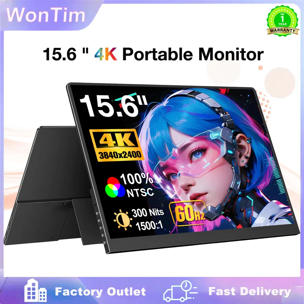 WonTim 15.6" 4K UHD Portable Monitor 16:10 3840*2400P 1200Nits USB-C HDMI External Gaming Display with DC Eyes Care for MAC PC