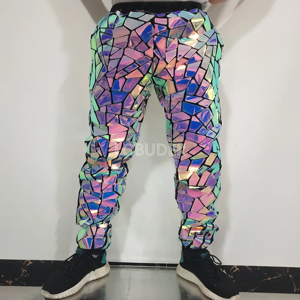 Purple Blue Laser Sequins Casual Pants Bar Male Singer Stage Performance Mirror Trousers Festival Party Show Rave Dance Costume