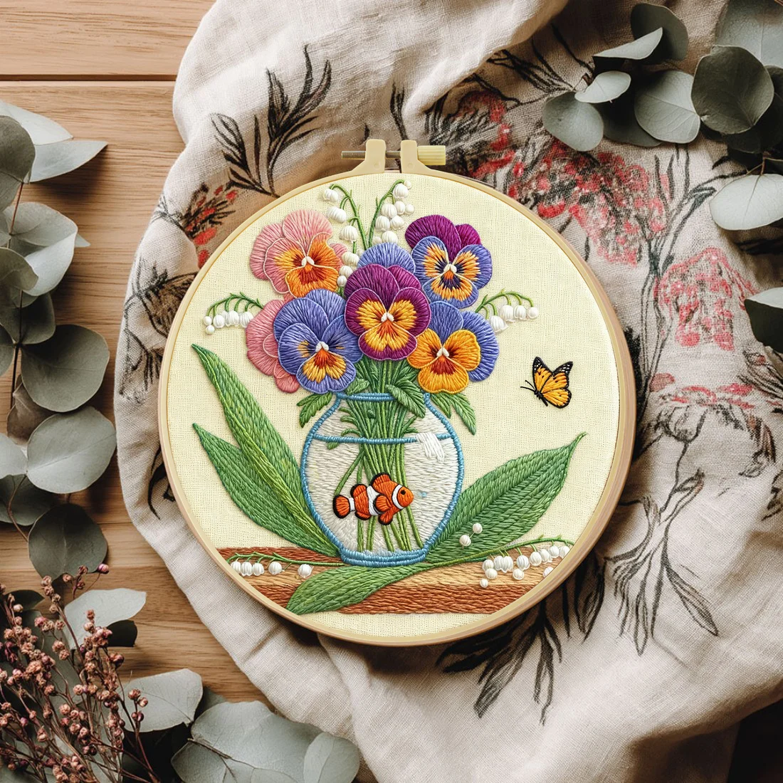 1pc 20X20CM/15X15CM Flowers and fish Embroidery Starter Kit 
