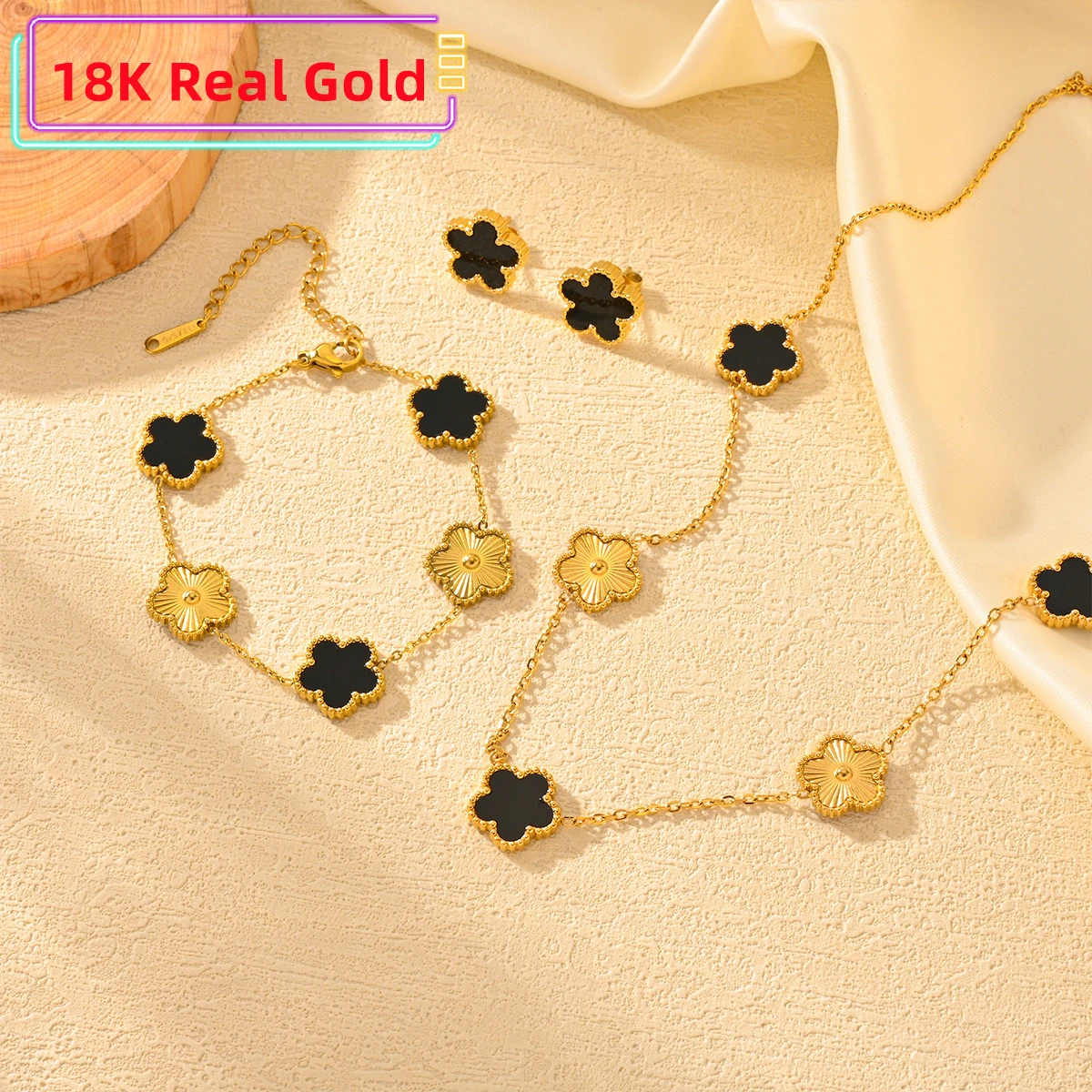 Real 18K Gold 3 pieces of plum blossom plant five leaf necklace, bracelet, earrings, women's jewelry set never fade