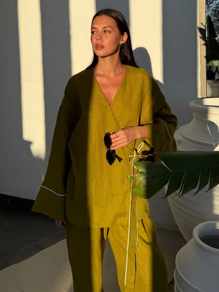 

Llinar 2026 Spring New Women's Shirt Two Piece Set V-neck One Piece Cardigan Wide Leg Pants Set
