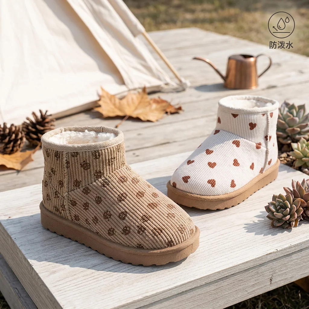 Winter New Fleece-Lined Cotton Shoes Casual Children's Snow Boots Printed Soft Sole Toddler Low-Top Slip-On Cotton Boots