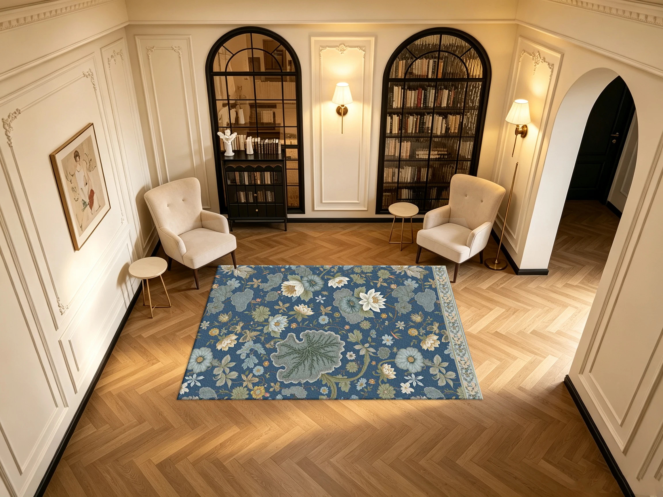 Vintage Blue Background Lotus Botanical Carpet Flooring Retro Water Lily Flower Printed Square Floor Rug for Household Interior Ornament