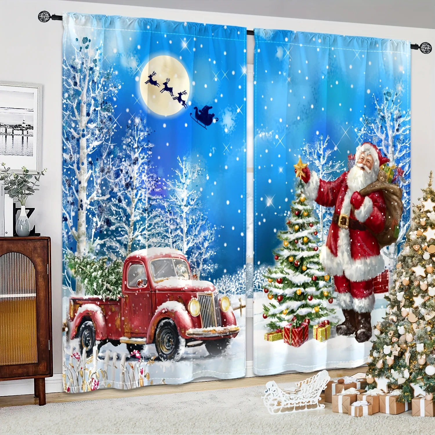 2pcs Blue Christmas Snow Scenery Curtains, Rod Pocket Santa ClausCar Printed Light Filtering Curtains For Kitchen Living Room