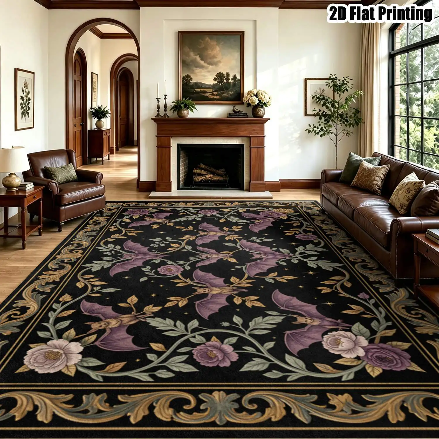 1Pc 2D Printed Carpet: Black Base Purple Bat Flower Pattern, European Retro Floral Bat-Decorated Home Decor Mat, Multi-Size Machine Washable, for Entrance/Dining/Foyer/Bedroom/Living Room