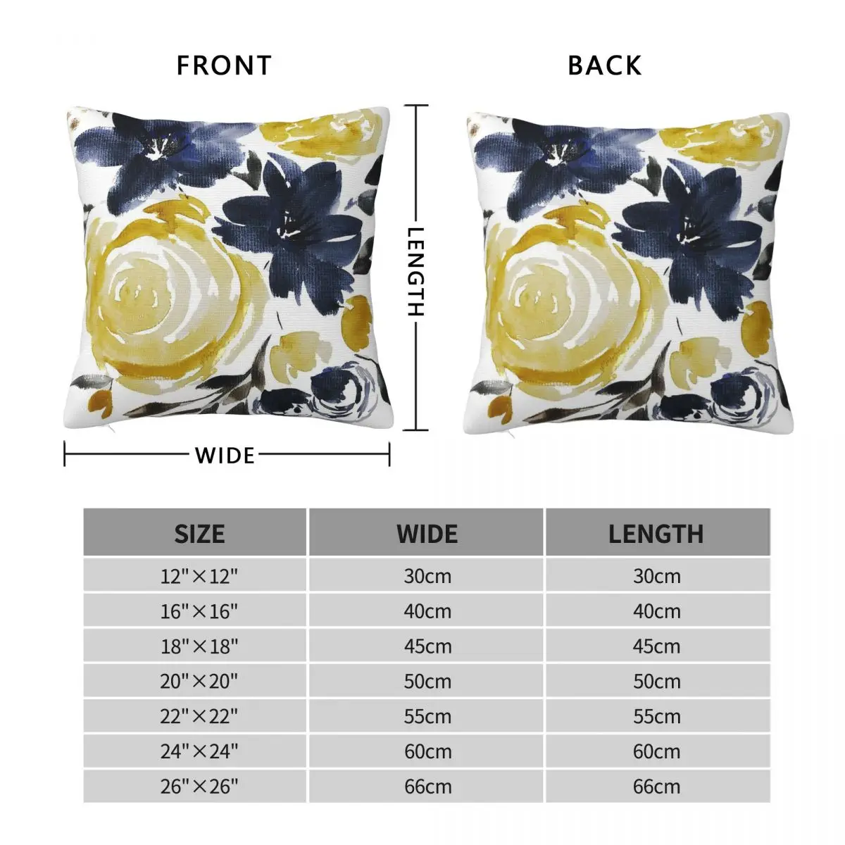 Navy Yellow Loose Floral Bouquet Square Pillowcase Polyester Linen Velvet Pattern Zip Decorative Sofa Cushion Cover