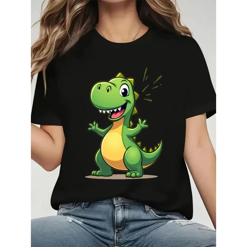 T-Shirt imprimé dinosaure mignon pour femmes, haut à col rond avec motif de dinosaure de dessin animé, T-Shirt de Style sport décontracté toutes saisons pour femmes
